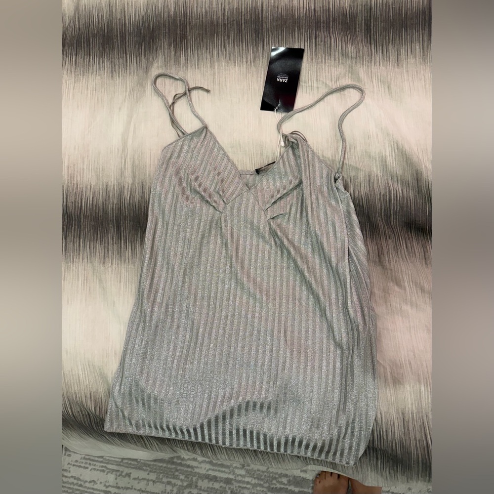 NWT Zara Metallic Gray Sparkly Strappy Camisole Top